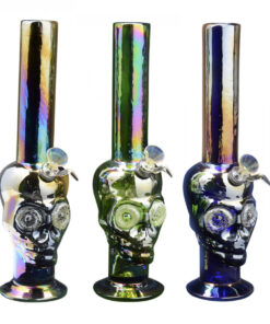 13" Tall Retro Glass Platinum Metallic Skull with Diamond Glow Eyes Tube