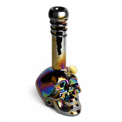 10" Tall Retro Glass Platinum Metallic Skull Tube - Image 3