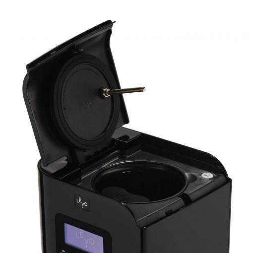 The LEVO II Oil Infuser with the top compartment open and powered on