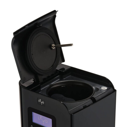 The LEVO II Oil Infuser with the top compartment open and powered on