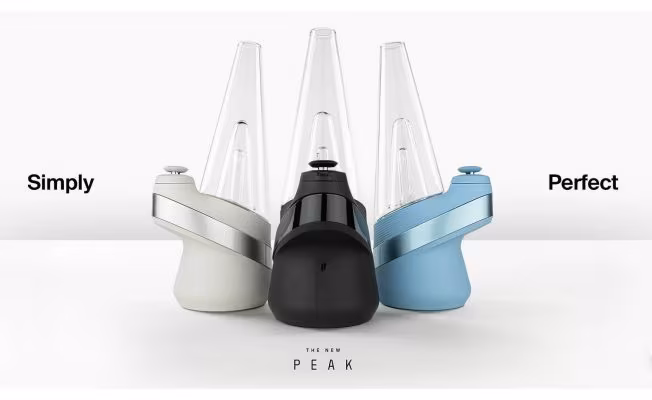 The Puffco New Peak displaying the three colors as a promotional header, left: Simply, right: Perfect, bottom text:The New Peak