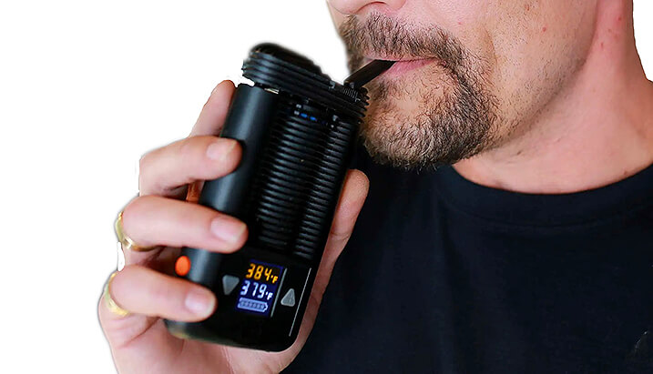 The main image for Dry Herb Vape showing the action of vaping with a Mighty by Storz & Bickel