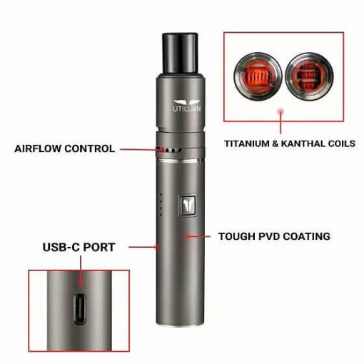 Utillian 5 V4 with upgrades displayed that read: -Airflow Control (pointing to the air paths below the atomizer on the outside) -Titanium & Kanthal Coils (in a box adjacent to the device top right) -Tough PVD Coating (pointing to the bottom half referencing the exterior) -USB Port (in a box adjacent to the device bottom left)