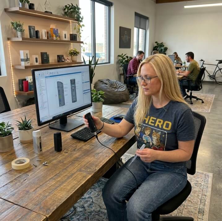 Jennifer from City Vaporizer testing the Yocan Black Pocket in our office tech lab